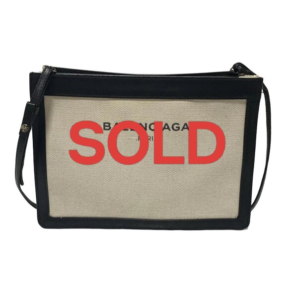 BALENCIAGA Navy Pochette Cream Black Canvas Leather - Shoulder Bag 354-052025 - Picture 1 of 8